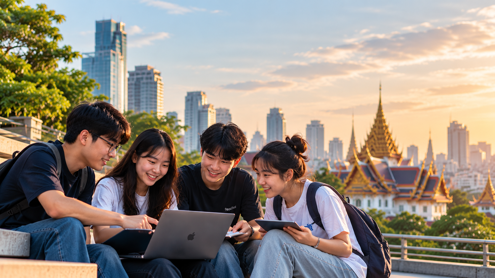 Students collaborating on a laptop with the Bangkok skyline behind them